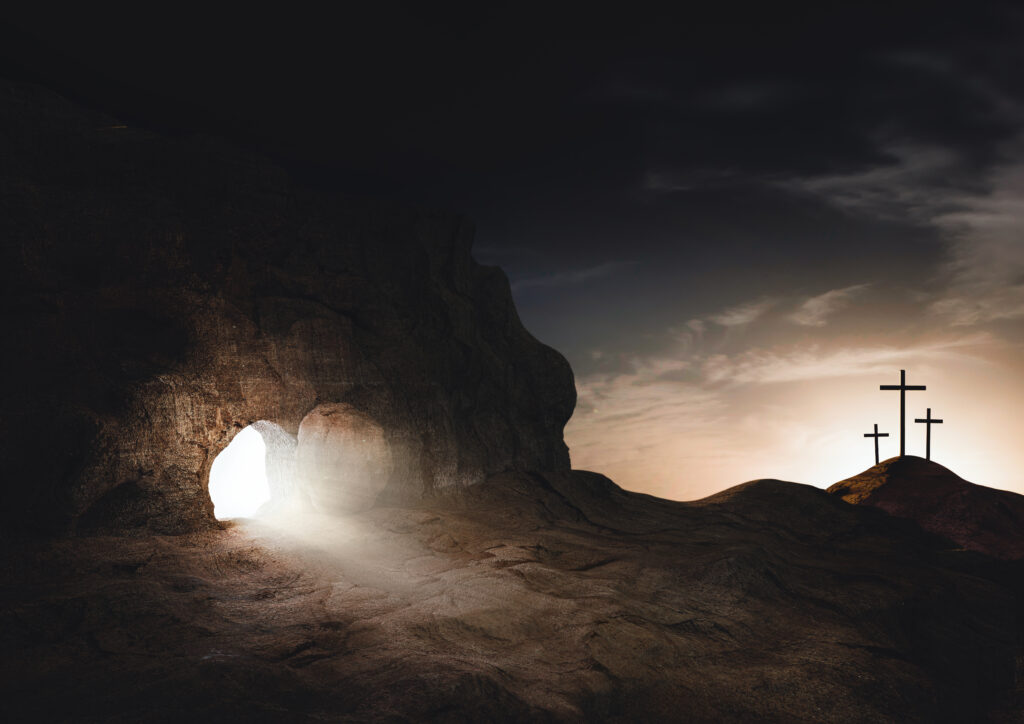 The death and resurrection of Jesus Christ and the tomb of bright light and the background of the suffering cross on Golgotha Hill